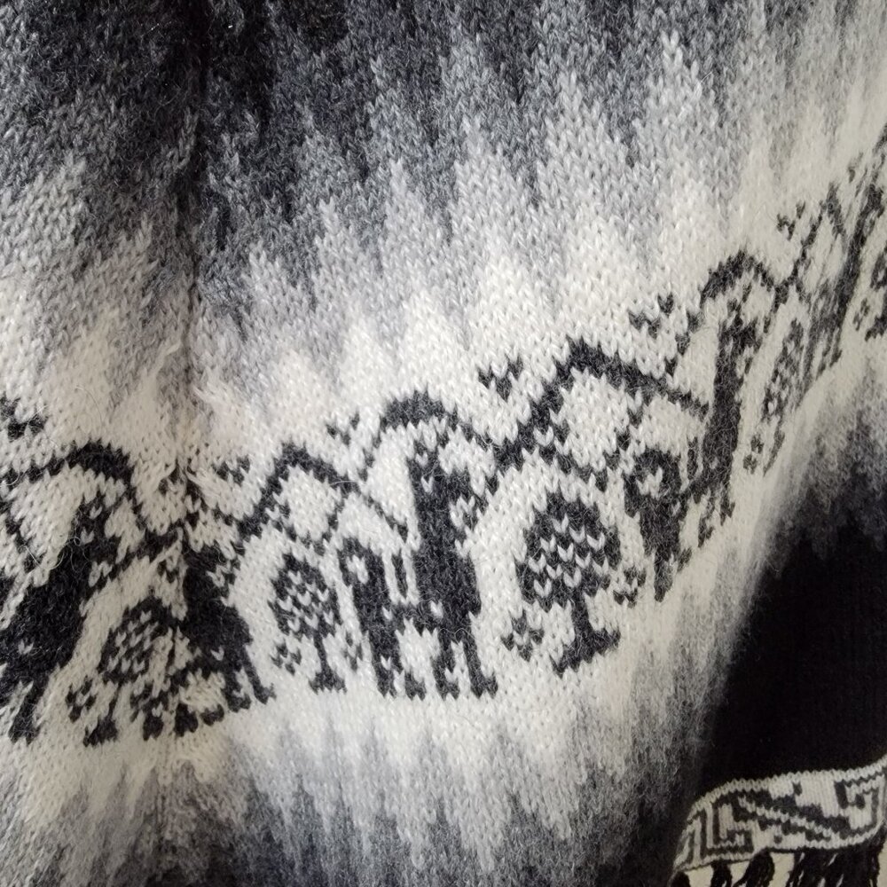 Alpaca Connection Size: One Size Black & White Alpaca Fringed Knit Poncho - Picture 3 of 9